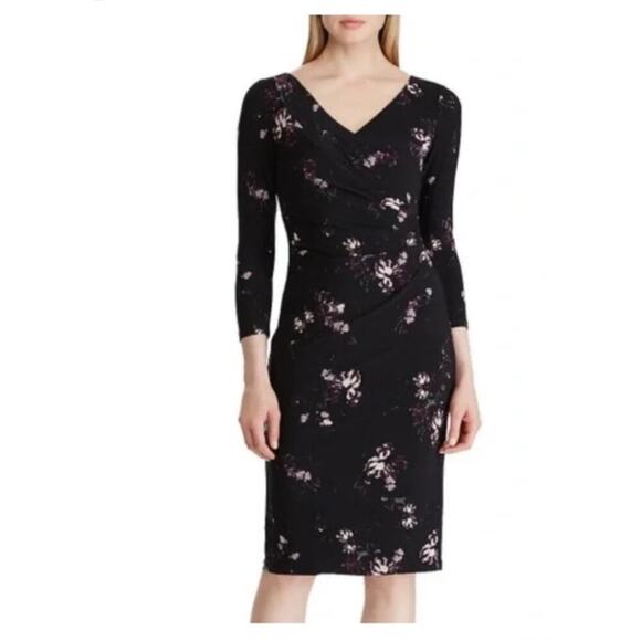 Lauren Ralph Lauren Women's Floral Black V-Neck Ruched 3/4 Long-Sleeve Dress 14P - Picture 1 of 9